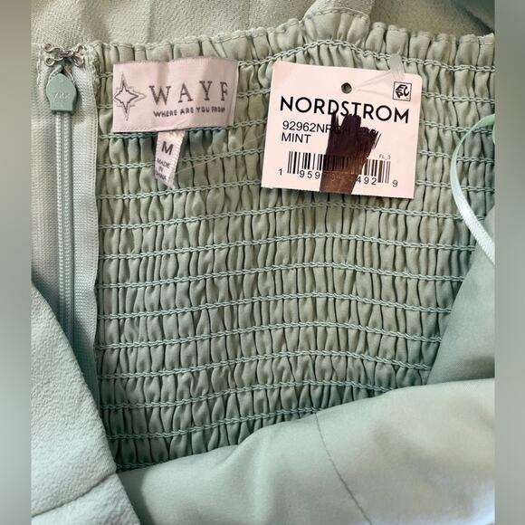 WAYF Mint Green Tie-Strap Mini Dress | Smocked Back | Crepe Fabric | NWT Size M - Picture 2 of 6